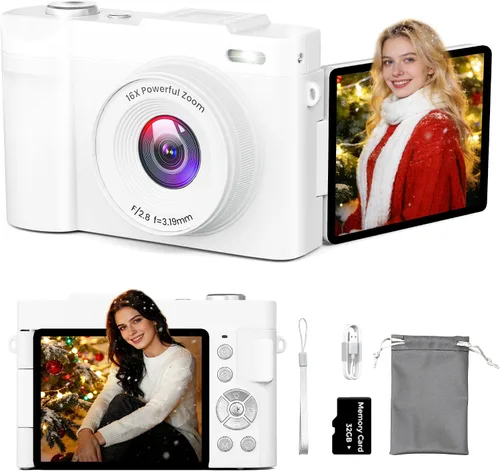 Cámara digital 4K para fotografía, pequeña cámara de videoblogs con pantalla giratoria para YouTube, zoom 16X de 50MP, cámaras de viaje portátiles