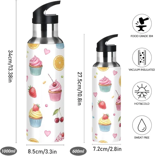 Miniatura 2 de Insulated Water Bottle 32 Oz, BPA-Free Sport Water Bottle Insulated for Gym Outdoor Travel School, Colorful Cupcakes