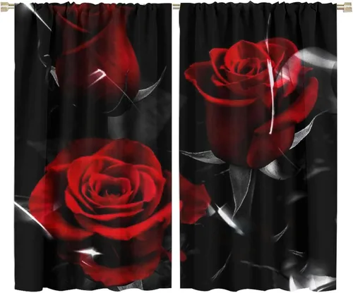 Miniatura 38 de Cortinas opacas con diseño floral de rosas para cocina, retro, rústicas, románticas, con bolsillo para barra, cortinas opacas para dormitorio, sala