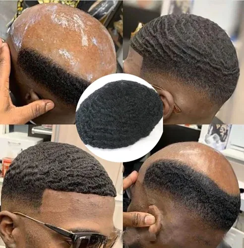 Miniatura 13 de SIMBEAUTY Cabello humano Remy indio 360 ondulado, 0.394 pulgadas, base de piel de tupé rizado, 10 x 8 pulgadas, para hombres negros con sistema