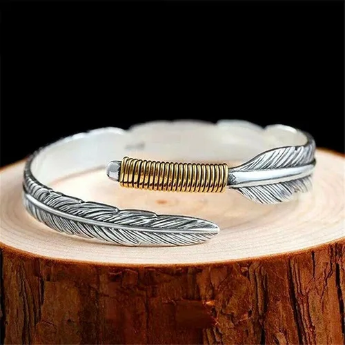 Miniatura 5 de Beccalame Silver Feather Bracelet Lucky Hope Cuff Jewelry Simple Retro For Women Men