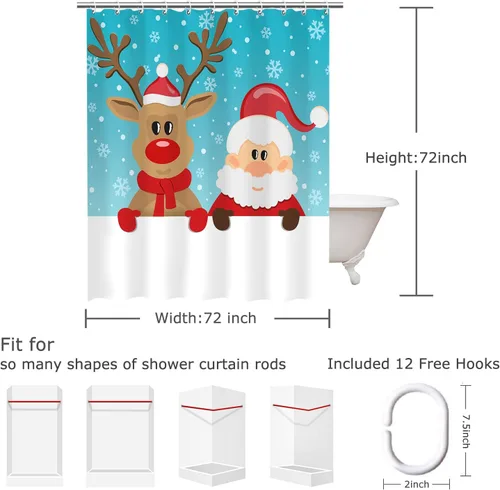 Miniatura 5 de LIVILAN Cortina de ducha de Navidad, diseño de Papá Noel y reno con 12 ganchos, cortina de baño decorativa de Navidad de tela de dibujos animados