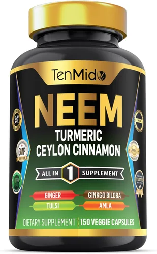 Suplemento de hoja de neem – Fórmula 8 en 1 – Combina con cúrcuma, canela de Ceilán, jengibre, Tulsi, Ginkgo Biloba, Amla y pimienta negra – Apoyo a