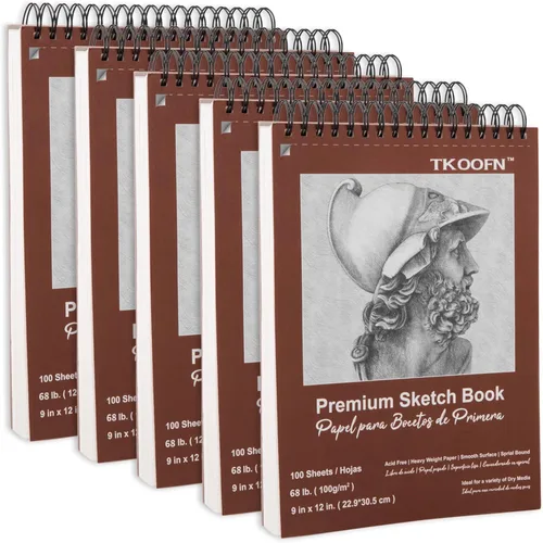 TKOOFN Paquete de 5 cuadernos de bocetos de 9 x 12 pulgadas a granel (500 hojas en total), blocs de dibujo premium encuadernados en espiral superior