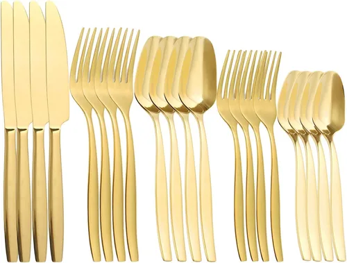 Miniatura 9 de Juego de cubiertos dorados de 20 piezas, cubiertos de acero inoxidable para 4, incluye cuchillo de carne, tenedor y cuchara, apto para lavavajillas