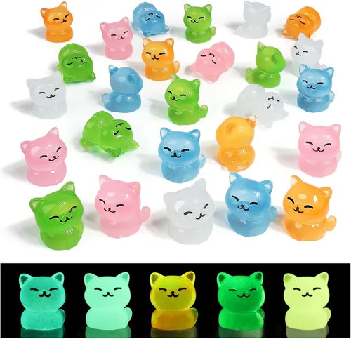 24 piezas de mini gatos luminosos de resina, figuras de gato en miniatura, pequeños adornos de gatos que brillan en la oscuridad para casa de