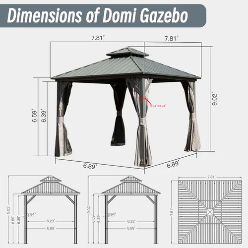 Miniatura 2 de Domi - Cenador permanente de metal con techo rígido de 8 x 8 pies, con doble techo de acero galvanizado, cortinas y malla para fiestas, bodas, Gris