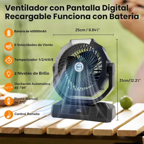 Miniatura 4 de Sireck Ventilador de campamento alimentado por batería de 40000 mAh, ventilador personal portátil de 12 pulgadas con control remoto, linterna LED, 6