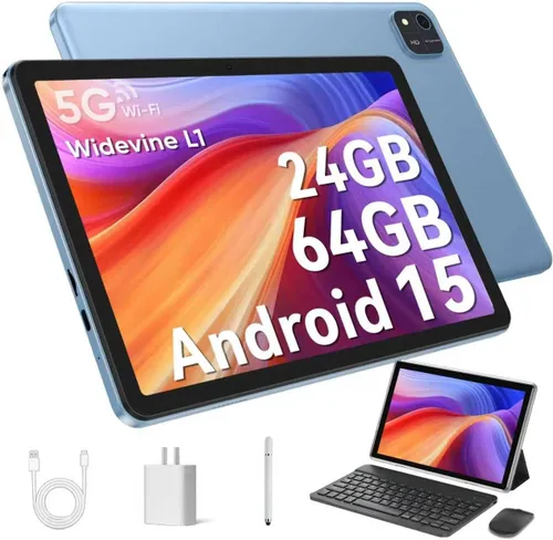 EDDBNi Tablet Android 15 de 10.1 pulgadas Tablet 2025 últimas Tablets con teclado ratón 24GB+64GB 2TB de expansión 6000mAh procesador Octa-Core Azul
