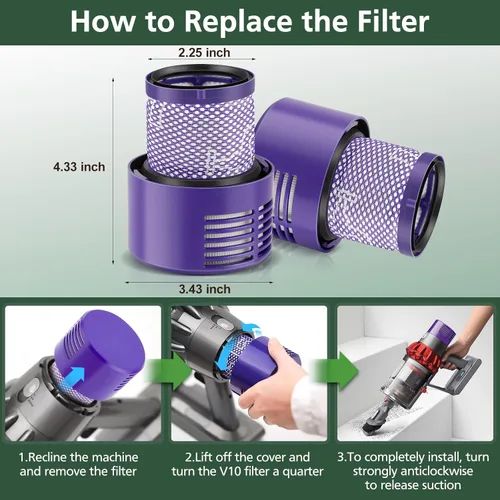Miniatura 4 de Paquete de 2 filtros V10 de repuesto para Dyson Cyclone Series, Cyclone V10 Absolute, Cyclone V10 Animal, Cyclone V10 Motorhead, Cyclone V10 Total