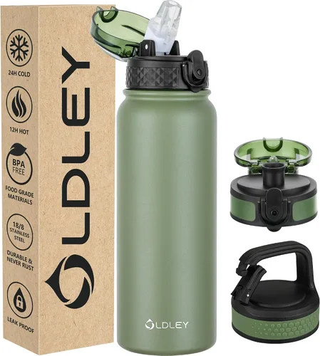 Miniatura 21 de Oldley Botella de Agua Aislada con Pajilla de 20oz, Botellas de Agua de Acero Inoxidable con 3 Tapas, Aislamiento al Vacío de Doble Pared Térmica