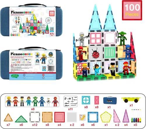 Miniatura 8 de PicassoTiles - Juego de 100 piezas de bloques de construcción magnéticos con estuche de transporte, base de auto magnética, 8 personajes magnéticos