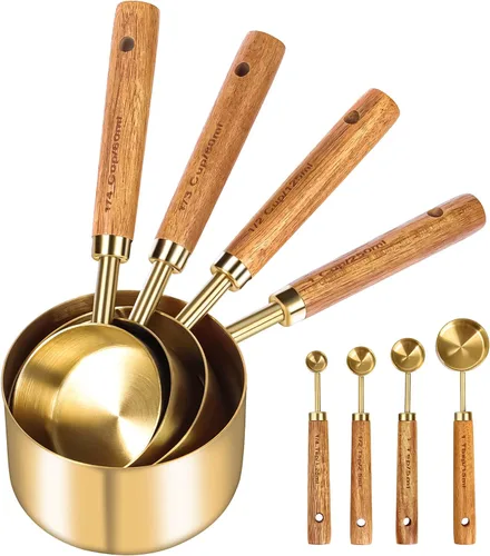 GuDoQi Juego de 8 tazas y cucharas medidoras doradas, mango de madera con medidas métricas y estadounidenses, acero inoxidable premium, acabado