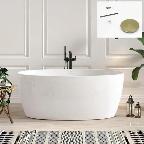 Miniatura 9 de FerdY Tahiti - Bañera independiente de 67" con forma ovalada elegante, bañera aislada de doble pared brillante con color blanco, con centro