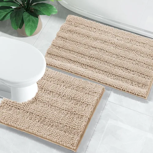 Miniatura 30 de Yimobra Juego de 2 alfombras de baño de felpilla suave y absorbente y alfombra para inodoro en forma de U, antideslizante, lavable a máquina