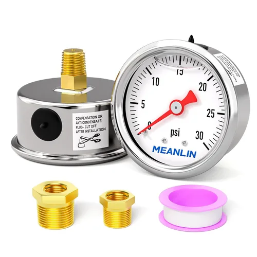 Miniatura 34 de MEANLIN MEASURE 2 unidades de acero inoxidable 015Psi relleno de líquido, medidor de presión relleno de glicerina de 1.5 pulgadas, aire de aceite