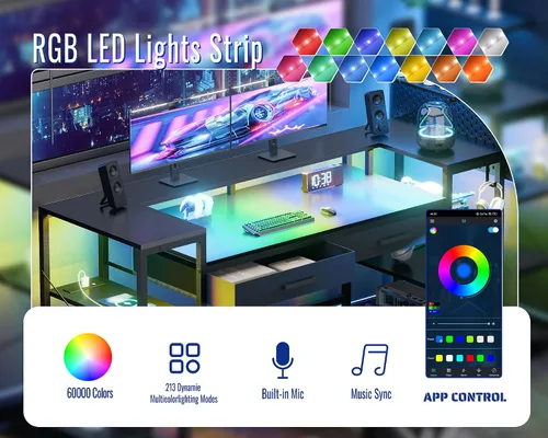 Miniatura 6 de Pamray Escritorio para computadora de 58 pulgadas con soporte para monitor y estantes, escritorio para juegos con luces LED y tomas de corriente