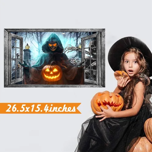 Miniatura 3 de Decoración de pared de Halloween, calcomanías de Halloween 3D para ventana falsa, despegar y pegar, calabazas, esqueleto, murales artísticos