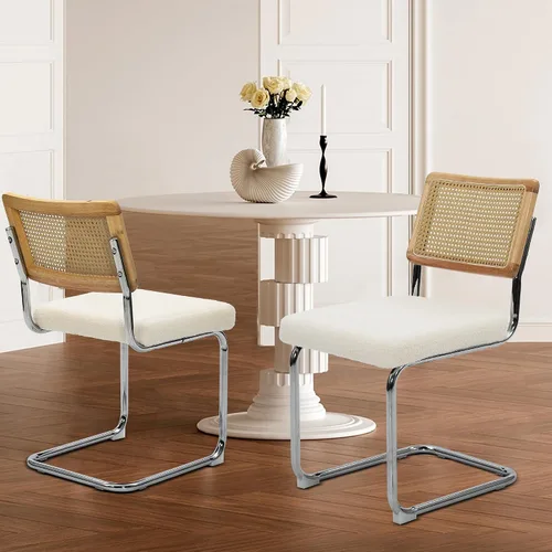 Miniatura 14 de KROFEM Juego de 2 sillas de comedor, sillas modernas de ratán para la cocina, diseño moderno de mediados de siglo, estructura de cromo pulido, Negro