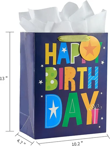 Miniatura 4 de SUNCOLOR Paquete de 2 bolsas de regalo grandes de 13 pulgadas con papel de seda para él, feliz cumpleaños, bolsas de papel ecológicas con asas