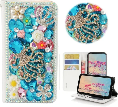 Miniatura 12 de Bling Wallet - Funda de cuero compatible con LG V40 ThinQ - Elegante funda de cuero con diseño de flores de mariposa 3D hecha a mano con cordón