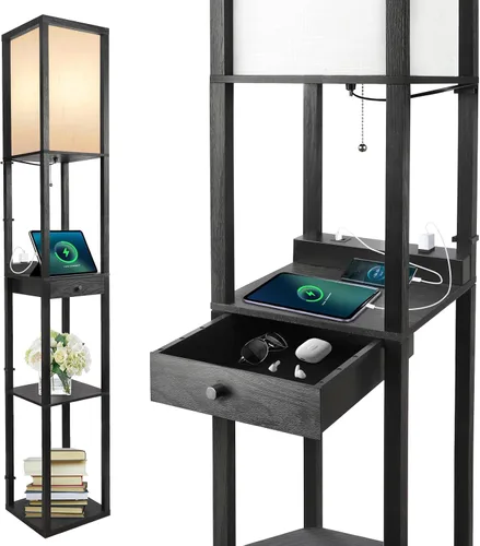 OUTON Lámpara de pie con estantes, 1 cajón, 2 puertos USB-C, 2 salidas de CA, lámpara de pie LED moderna con 3 temperaturas de color, pantalla de