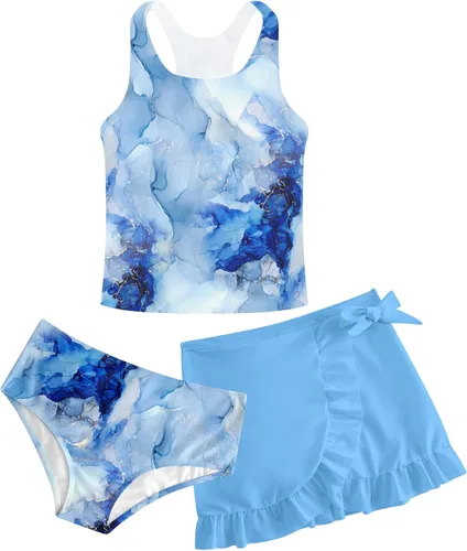 Traje de baño tankini de 3 piezas para niñas, lindo bikini con salida de baño con falda de playa de 5 a 16 años