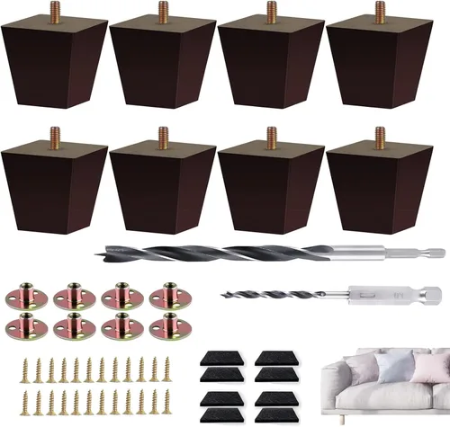 Miniatura 7 de Juego de 4 patas de sofá cuadradas para cama, patas de repuesto de madera de 2 pulgadas para muebles, color marrón oscuro