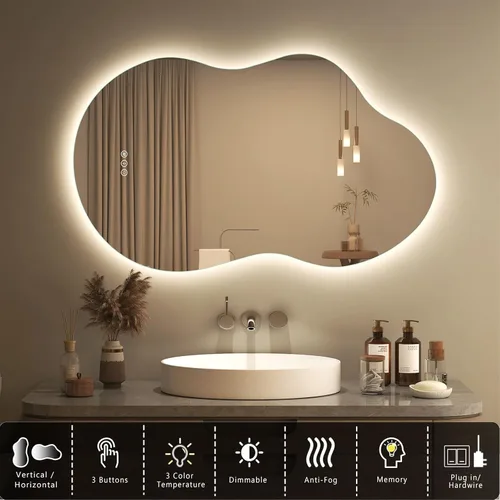 Miniatura 3 de SMIROR Espejo de Baño Retroiluminado Irregular con Luces 20 x 32, Espejo de Tocador con Luz LED Asimétrica en Forma de Nube para Pared