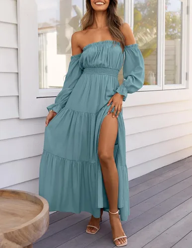 Miniatura 138 de ZESICA - Vestido largo, bohemio y sexy, con hombros descubiertos y manga larga fruncida, con elástico fruncido, cintura alta y abertura lateral