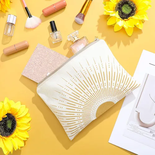 Miniatura 7 de Pinkunn 10 bolsas de maquillaje Sunshine Ray, bolsa de lino natural con cremallera, regalo bohemio, bolsa de cosméticos, organizador de accesorios