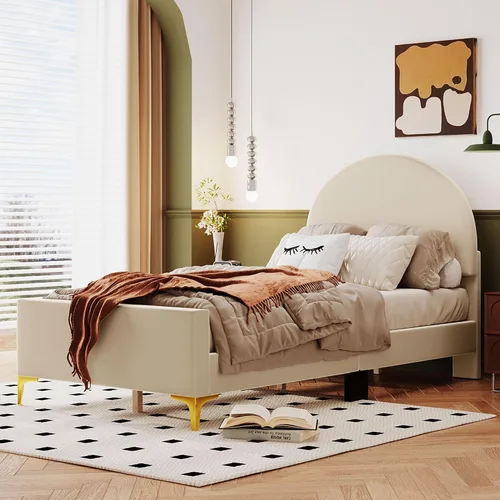 Miniatura 24 de Cama de plataforma tapizada de tamaño individual con cabecero en forma de oso y rayas de luz incrustadas, bonito marco de cama de plataforma