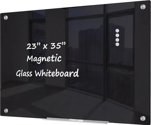 J&J worldwide Pizarra blanca de vidrio magnético negro de 35 x 23 pulgadas, sin marco, de vidrio templado, borrado en seco, para montaje en pared,