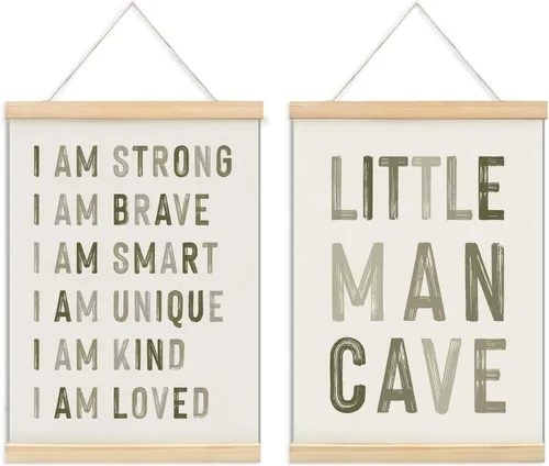 ULEGIE Pósters de decoración para guardería de niños con marcos y colgador de madera, cartel de cueva de Little Man para niños, decoración de Verde