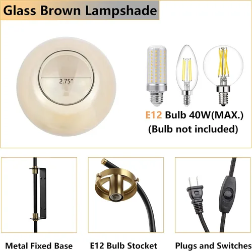 Miniatura 4 de ELEHINSER Juego de 2 apliques de pared negros con pantalla de globo, modernas lámparas de pared para interiores con enchufe con interruptor, luz
