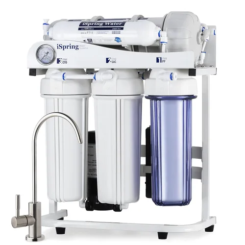 iSpring - Sistema de filtro de agua por ósmosis inversa sin tanque, de grado comercial con proporción de drenaje 1:1. 500 galones por día. RCS5T