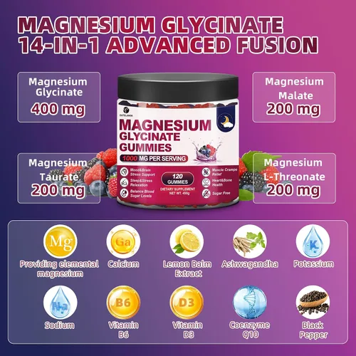 Miniatura 5 de 120 unidades de gomitas de glicinato de magnesio de 1000 mg para mujeres y hombres, suplementos de malato de magnesio y taurato para dormir, apoyo