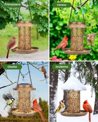 Miniatura 7 de SWEETFULL Comedero Solar para Pájaros para Exteriores Colgante, Comedero de Metal para Pájaros Silvestres para Cardenales, Farol Solar de Jardín