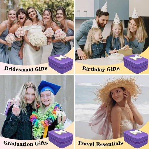 Miniatura 7 de Organizador de joyas de viaje, regalo para mujeres y niñas, caja de joyería de viaje grande portátil, estuche de joyería de viaje morado