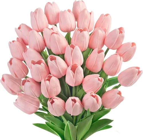 Miniatura 9 de Ouddy Decor 30 piezas de tulipanes blancos artificiales de poliuretano de tacto real, tulipanes falsos para primavera y verano, ramo floral, mesa