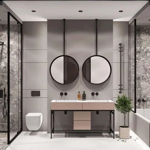 Miniatura 3 de Espejo redondo de metal montado en el techo con barra para colgar, espejo decorativo de baño, negro (diámetro-19.7 pulgadas)