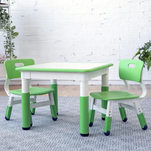 Miniatura 10 de ECR4Kids Mesa de actividades cuadrada de borrado en seco con 2 sillas, ajustable, muebles para niños, verde hierba, 3 piezas Verde (Grassy Green)