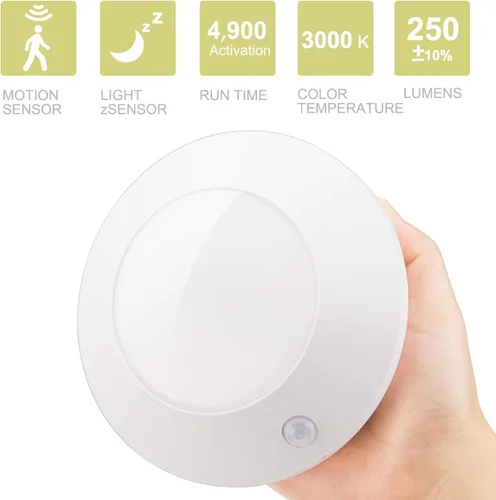 Miniatura 2 de HONWELL Luz con sensor de movimiento, luz de techo para interiores, luz inalámbrica con sensor de movimiento, funciona con pilas, luz LED blanca