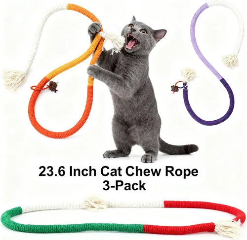 Miniatura 2 de Cuerda masticable duradera y segura: 3 piezas de algodón orgánico natural para gatos de interior, juguetes masticables con infusión de hierba gatera