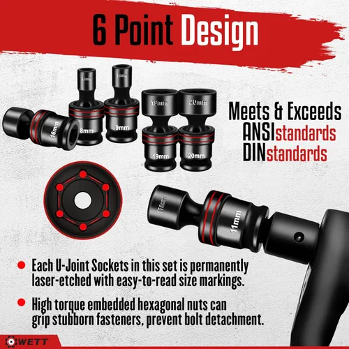 Miniatura 4 de WETT Juego de 15 piezas de enchufes de impacto universales de 3/8" de profundidad, juego de enchufes giratorios métricos (8-22mm), enchufes