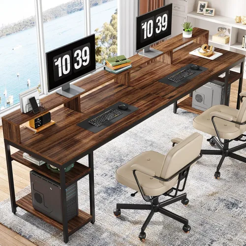 Tribesigns Escritorio para Dos Personas con Soporte para Monitor, Escritorio de Oficina Doble para Computadora de 78.74" de Largo con Estantes de