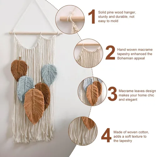 Miniatura 3 de Tapiz de hojas de macramé para decoración de pared, tapices tejidos bohemios, arte de pared de hojas de otoño, grandes borlas bohemias, adorno