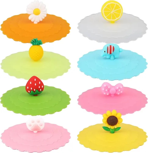 KINBOM 8 tapas de silicona para tazas, coloridas cubiertas antipolvo, bonitas tapas reutilizables para tazas, vasos de cerveza, 8 estilos