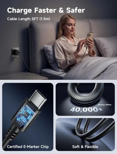 Miniatura 6 de JSAUX Cargador USB C de 45 W para Steam Deck/OLED, cable de 5 pies tipo C PD 3.0 de 45 vatios de carga rápida compatible con Steam Deck
