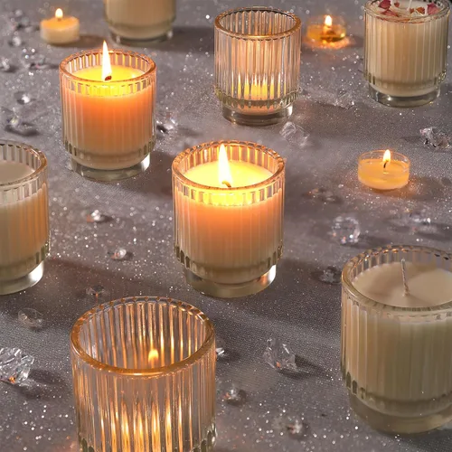 Miniatura 6 de DEVI Frascos de Velas de Vidrio Transparente Acanalado Vacíos de 7 oz para Hacer Velas, Juego de 8, Frascos de Velas de Vidrio con Tapas de Bambú
